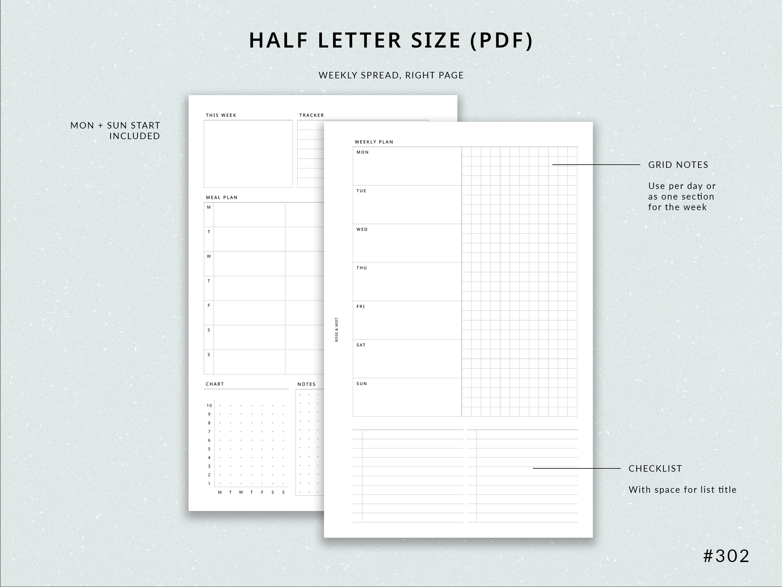 Weekly Planner + Meal Planner WO2P | Half Letter Printable Planner ...