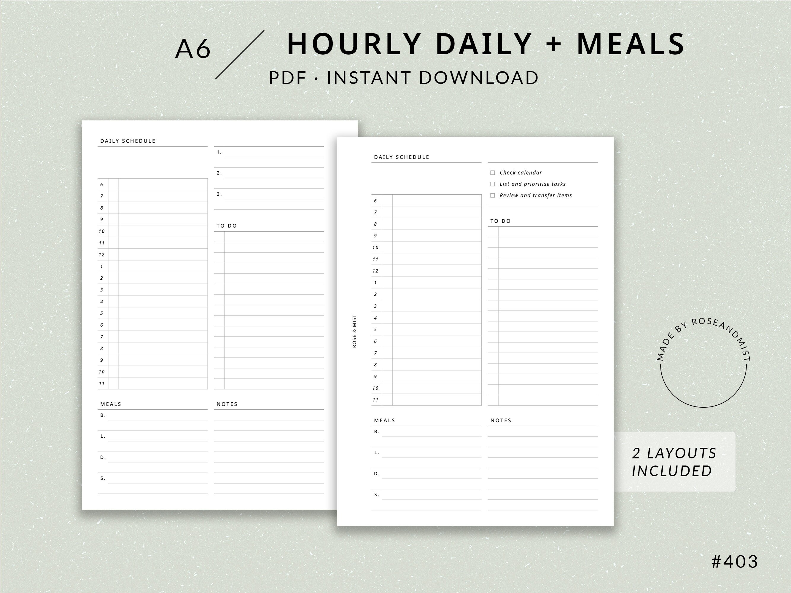 Hourly Daily Schedule + Meals DO1P | A6 Printable Planner - A6 Planner ...