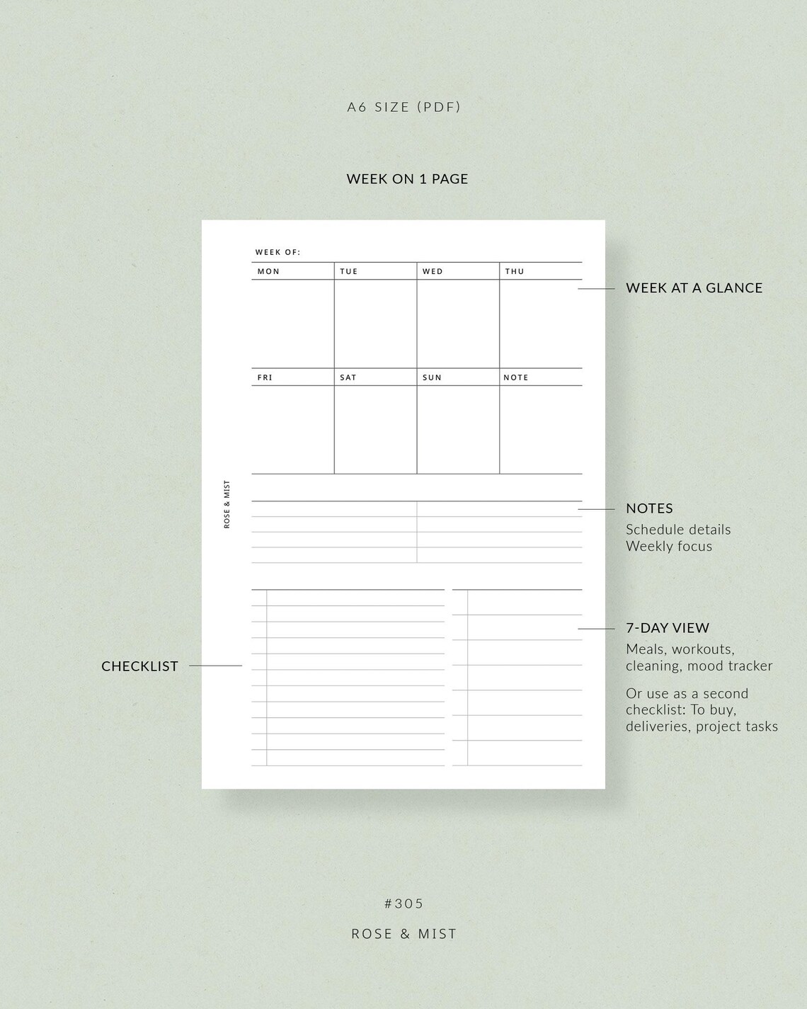 Weekly Overview WO1P #305 | A6 Printable Planner A6 Weekly Inserts A6 ...