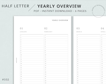 Yearly Overview | Half Letter Printable Planner - Half Letter Year at a Glance Printable, Minimal Yearly Planner, Perpetual calendar