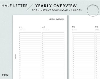 Yearly Overview | Half Letter Printable Planner - Half Letter Year at a Glance Printable, Minimal Yearly Planner, Perpetual calendar