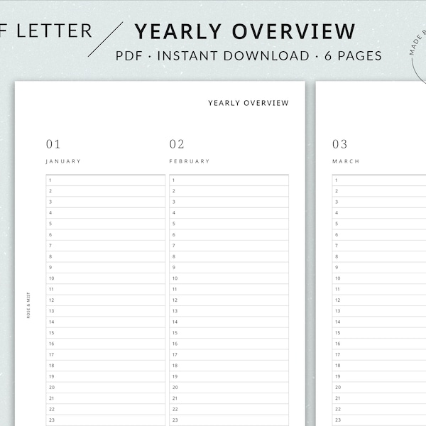 Yearly Overview | Half Letter Printable Planner - Half Letter Year at a Glance Printable, Minimal Yearly Planner, Perpetual calendar