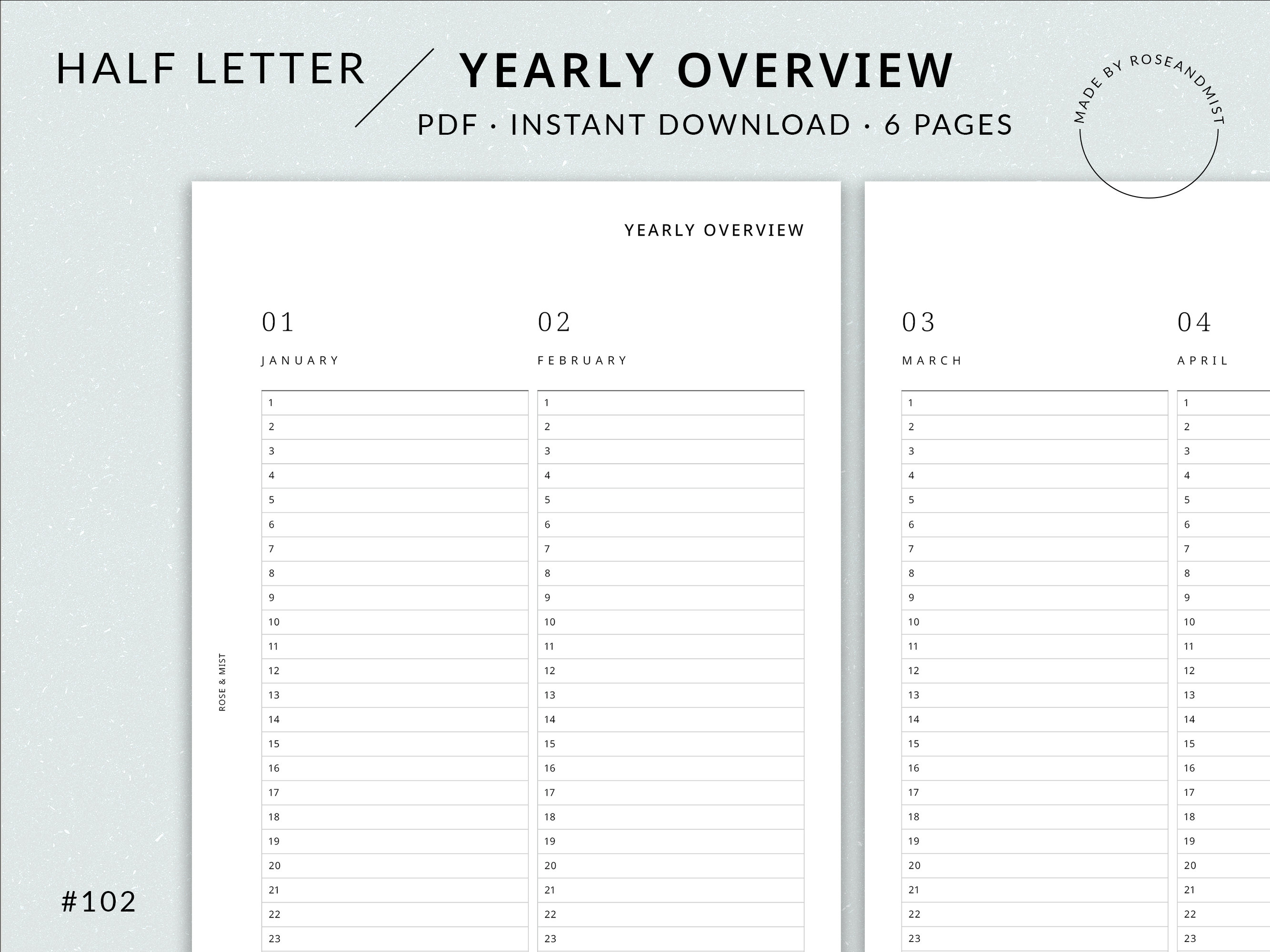 Yearly Overview | Half Letter Printable Planner - Half Letter Year at a Glance Printable, Minimal Yearly Planner, Perpetual calendar