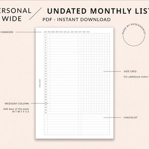 PW Monthly Planner List MO1P Undated | Personal Wide Printable Planner - Bullet Journal list, Monthly spread, Personal Wide inserts