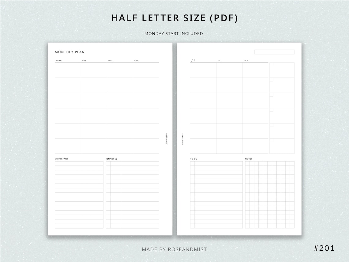 Monthly Planner Undated MO2P | Half Letter Printable Planner - Half ...