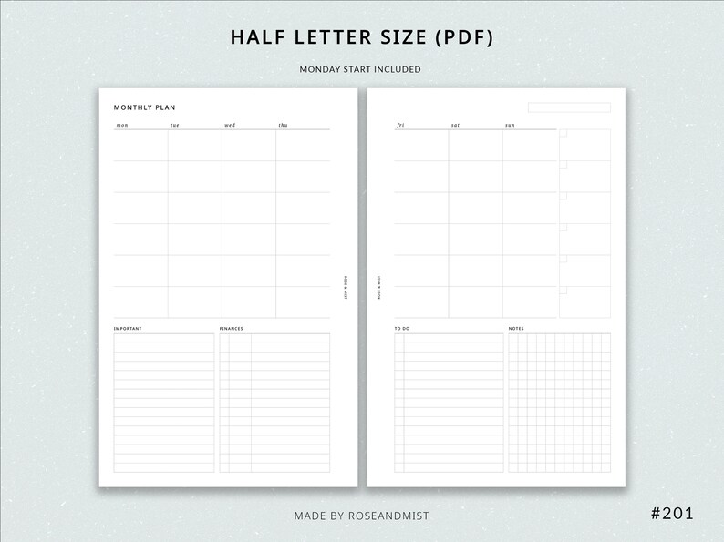 Monthly Planner Undated MO2P | Half Letter Printable Planner - Half ...