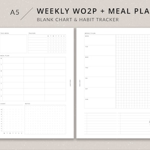 May include: A printable A5 weekly planner featuring a meal plan, habit tracker, and chart. The planner has a grid layout with sections for each day of the week, a meal plan, a habit tracker, and a chart. The planner is designed to help you stay organised and on track with your goals.