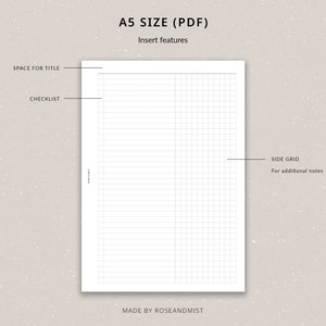 May include: A printable A5 size PDF planner page with a checklist, space for a title, and a grid for additional notes. The page is divided into two sections, one with lined paper and the other with a grid.