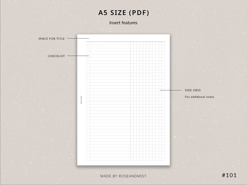 May include: A printable A5 size PDF planner page with a checklist, space for a title, and a grid for additional notes. The page is divided into two sections, one with lined paper and the other with a grid.