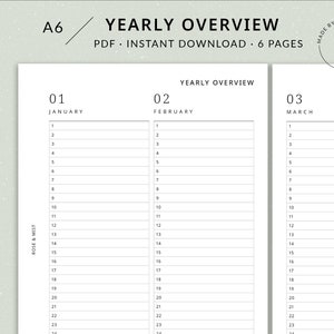 May include: A printable A6 yearly overview planner with six pages. The planner is divided into three sections: January, February, and March. Each section has numbered lines for daily entries.