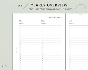 May include: A printable A6 yearly overview planner with six pages. The planner is divided into three sections: January, February, and March. Each section has numbered lines for daily entries.