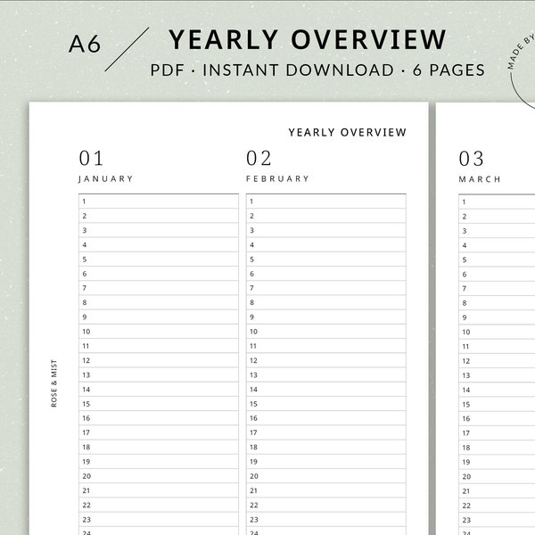 Minimal Yearly Planner Printable | A6 Planner - Perpetual calendar, Year at a glance, Yearly overview, Undated calendar, Yearly goal