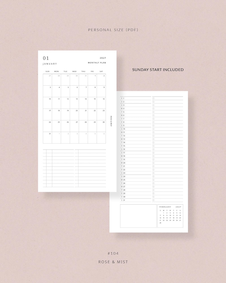 May include: Two-page planner spread with a monthly calendar for January 2027 and a to-do list. The calendar is white with black text, and the to-do list has checkboxes. The text "PERSONAL SIZE (PDF)" and "SUNDAY START INCLUDED" are visible.