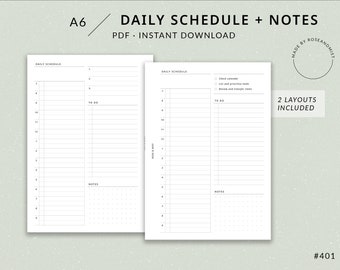 May include: Two printable A6 daily schedule templates with notes sections. The first template has a to-do list and the second template has a checklist with items like "Check calendar" and "Review and transfer items".