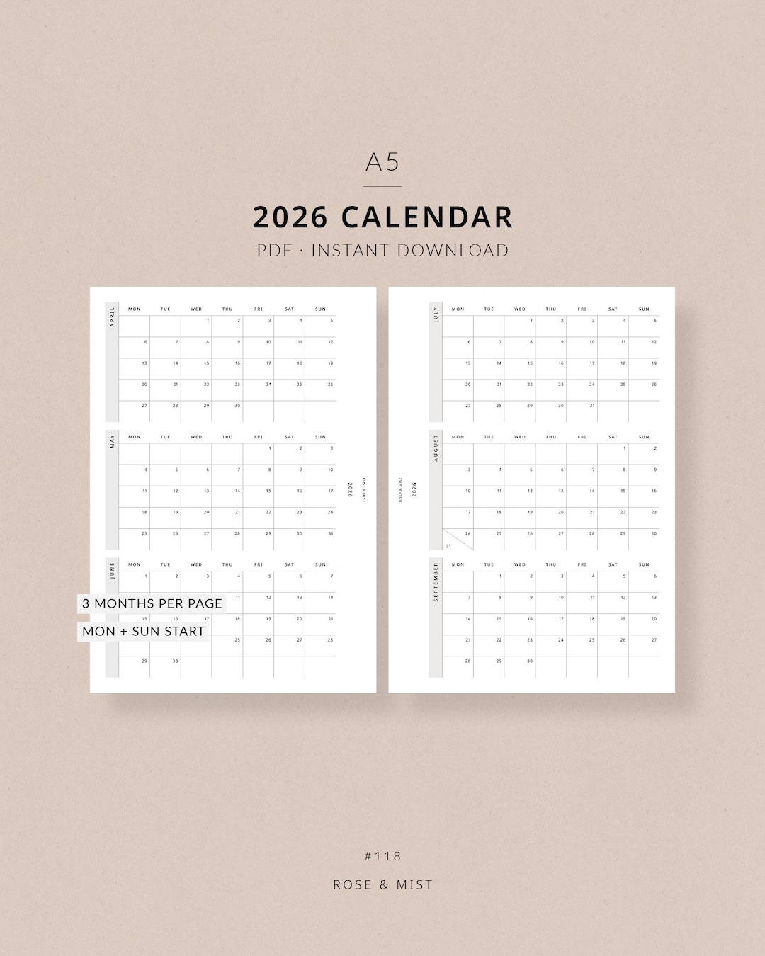 2026 Calendar, A5 Printable Planner - Dated 2026 Planner, Calendar Year ...
