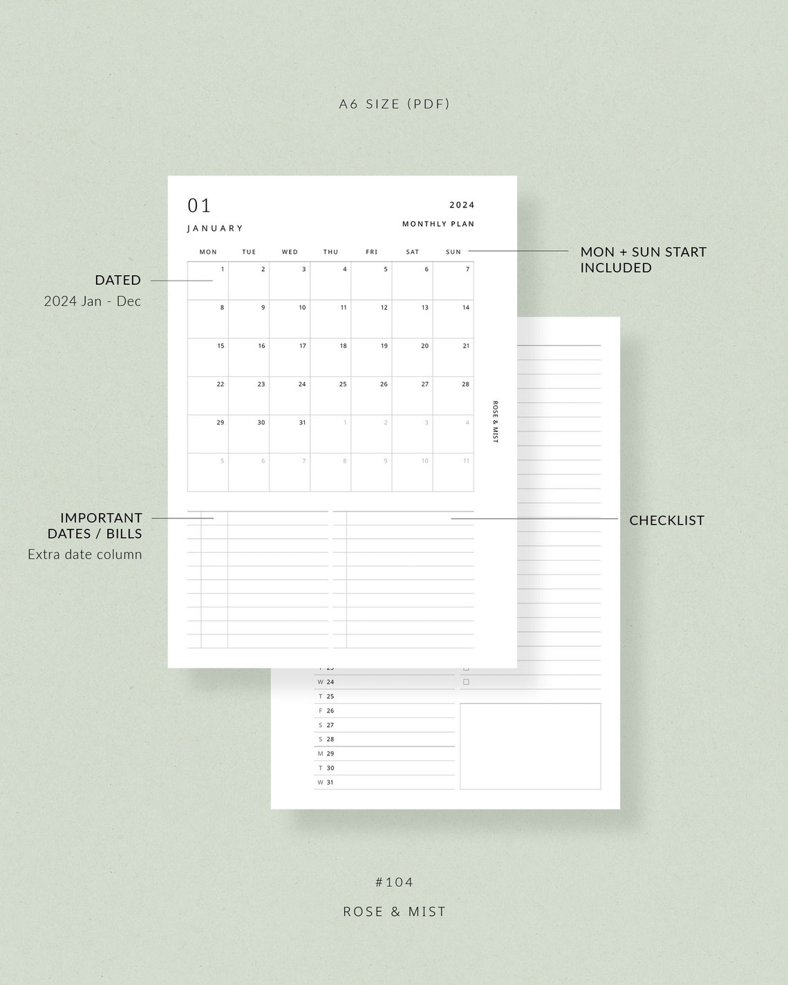2024 Monthly Planner MO2P A6 Printable Planner Dated - Etsy