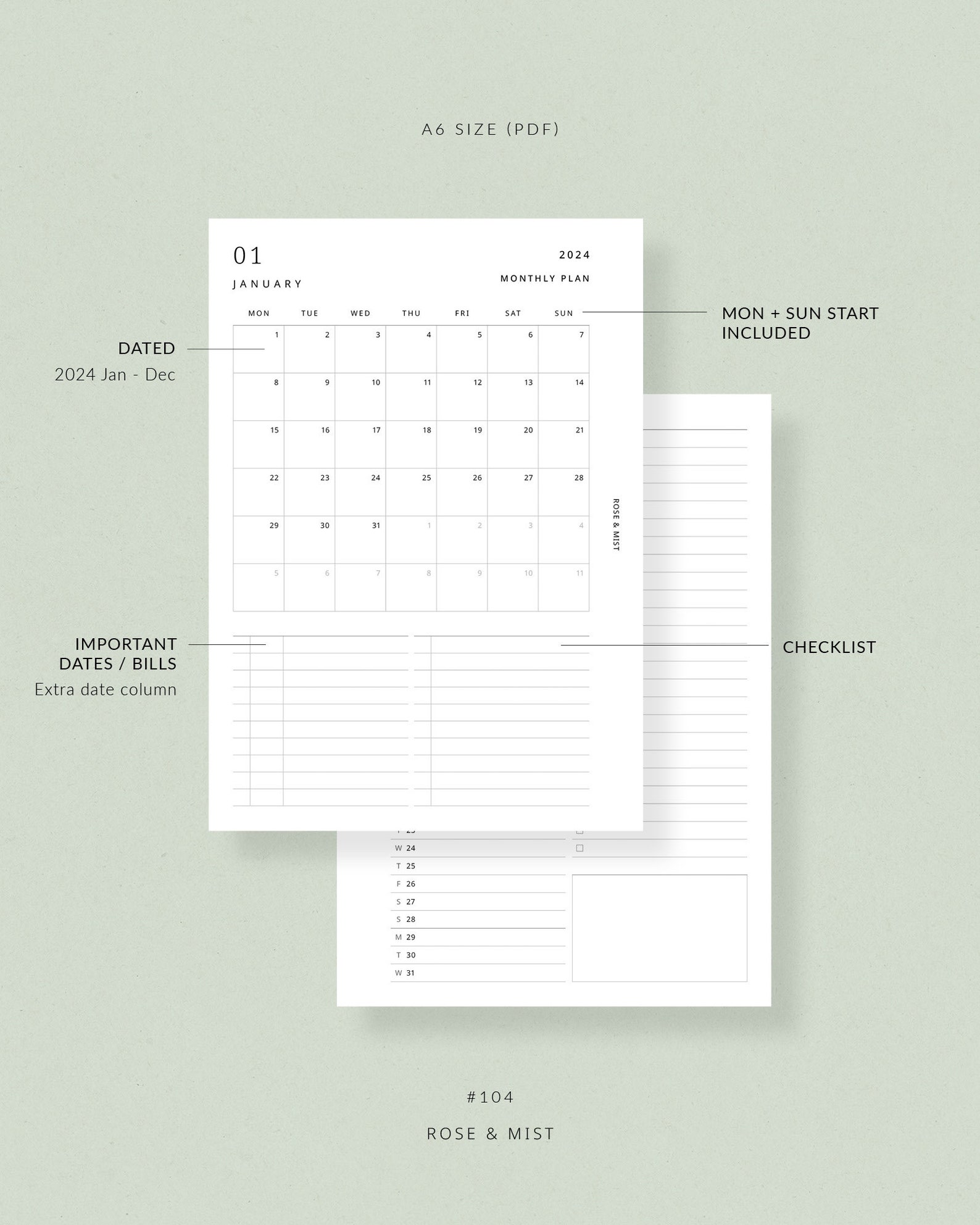 2024 Monthly Planner MO2P A6 Printable Planner Dated - Etsy