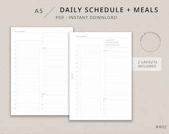 May include: Two printable A5 daily schedule and meal planner pages. The left page has a time column from 6 am to 10 pm and a to-do list. The right page has a check list for calendar, tasks, and transfer items, a to-do list, and a meal list. The text "Made by Roseandmist" and "2 Layouts Included" are in a circle on the right page. The text "#402" is at the bottom of the page.