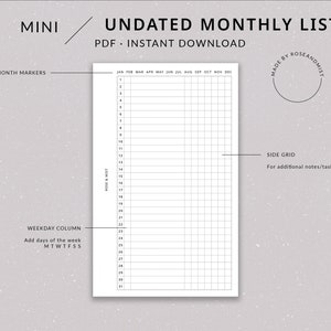 May include: A printable undated monthly list planner with a side grid for additional notes or tasks. The planner has a column for weekdays and a numbered column for the days of the month. The text "Made by Roseandmist" is in a circle at the top right corner of the page.