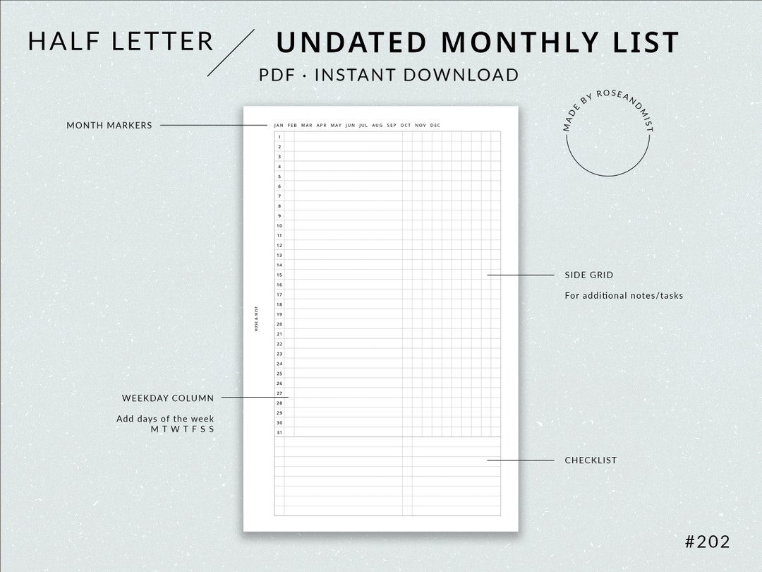 HL Monthly Planner List MO1P Undated | Half Letter Printable Planner ...