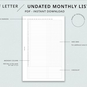 HL Monthly Planner List MO1P Undated / Half Letter Printable Planner - Bullet Journal list, Monthly spread, Grid notes, Half Letter inserts