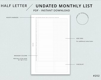 HL Monthly Planner List MO1P Undated / Half Letter Printable Planner - Elenco Bullet Journal, Diffusione mensile, Note griglia, Inserti mezza lettera