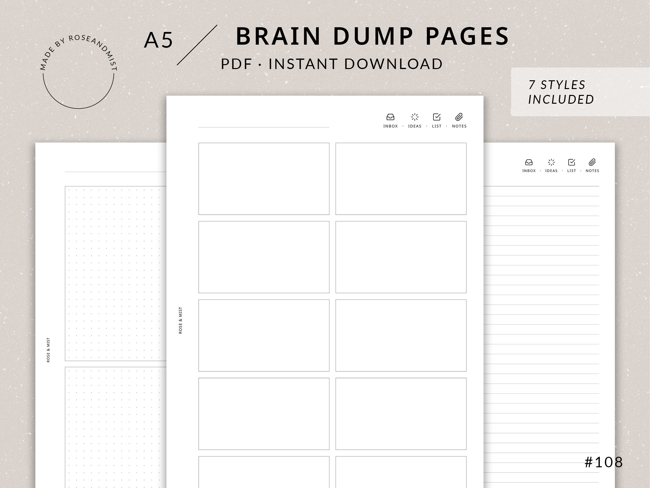 Brain Dump Pages | A5 Planner Printable - Inbox, To do list, Ideas, Notes, Inbox checklist printable, A5 planner inserts