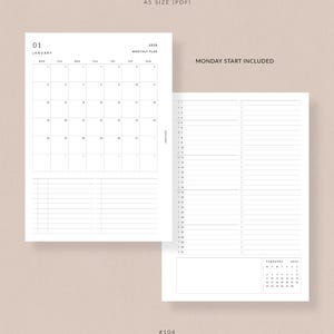 May include: Two-page A5 size (PDF) planner with a monthly calendar for January 2026 and a daily plan layout. The text "MONDAY START INCLUDED" is visible. The planner is labeled "#104 ROSE & MIST".