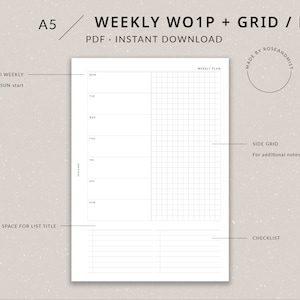 Op de afbeelding: Een printbare A5-weekplanner met een raster, checklist en ruimte voor een lijsttitel. De planner is niet gedateerd en begint op maandag en eindigt op zondag. De tekst "Weekly WO1P + Grid / List" staat bovenaan de pagina. De tekst "PDF - Direct downloaden" staat onder de titel. De tekst "Made by Roseandmist" staat in een cirkel in de rechterbovenhoek van de pagina. De tekst "#301" staat in de rechterbenedenhoek van de pagina.