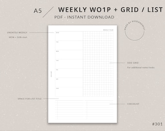 Undated Weekly Planner WO1P | A5 Planner Printable - Weekly spread, A5 inserts, A5 planner inserts, Side grid, Checklist, Weekly one page