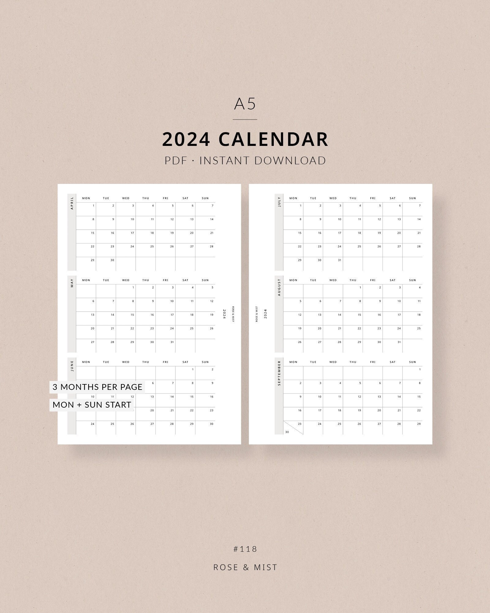 2024 Calendar, A5 Printable Planner Dated 2024 Planner, Calendar Year ...