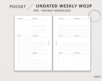 Puede incluir: Un planificador semanal imprimible en blanco y negro con una cuadrícula punteada para notas y una sección para listas de tareas. El planificador no está fechado y tiene un formato de bolsillo.