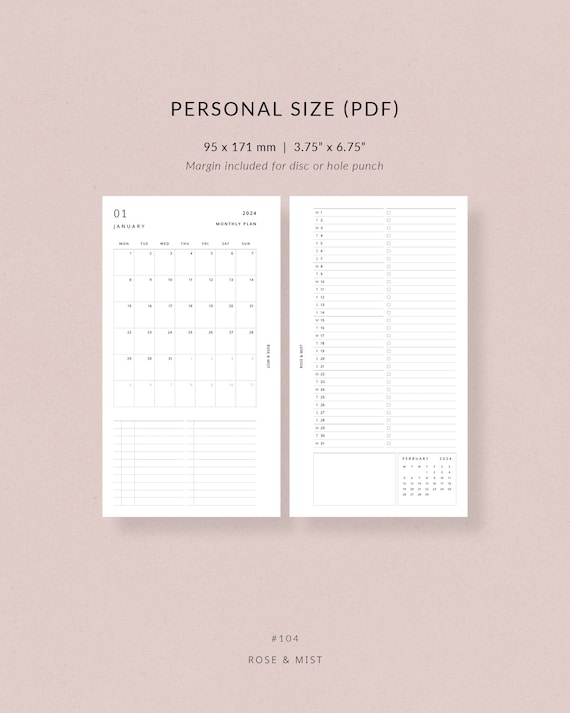 2024 Monthly Planner MO2P Personal Printable Planner 2024 Planner, 2 Page  Monthly Planner, Filofax Personal Size Inserts 