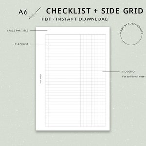 A6 Checkliste mit Seitlichen Gitternotizen | A6 Printable Planner - To do liste druckbar, Checkliste druckbar, A6 Einlagen, A6 Planer
