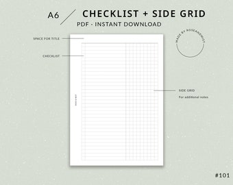 A6 Checklist with Side Grid Notes | A6 Printable Planner - To do list printable, Checklist printable, A6 inserts, A6 planner