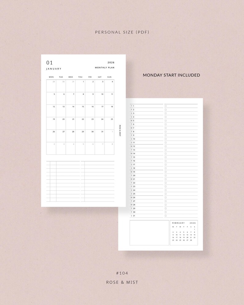 May include: A minimalist planner page set against a soft pink background. The left page displays a January 2026 calendar, while the right page features a to-do list. Text includes "PERSONAL SIZE (PDF)" and "MONDAY START INCLUDED."