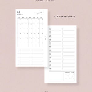 May include: Two-page planner spread with a monthly calendar for January 2026 and a to-do list. The text "PERSONAL SIZE (PDF)" and "SUNDAY START INCLUDED" are visible. The planner is white with black text on a light pink background. The bottom of the page reads "#104 ROSE & MIST".