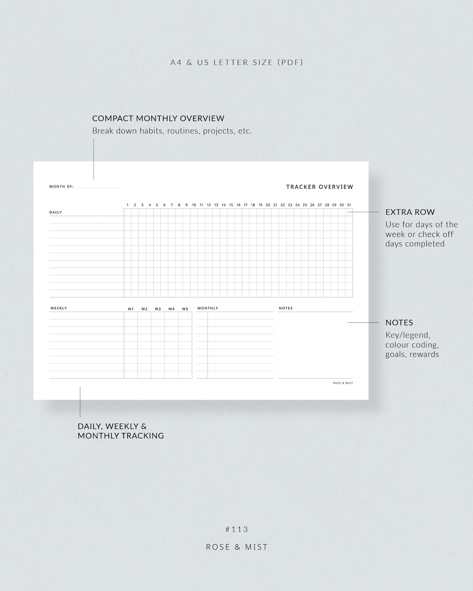 Monthly Tracker Overview A4 & US Letter Planner Printable Daily Weekly ...