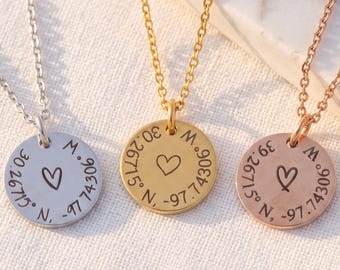 Coordinate Necklace, Personalized GPS Location Necklace, Engraved Disc Pendant, Custom Latitude Longitude Anniversary Gift for Her