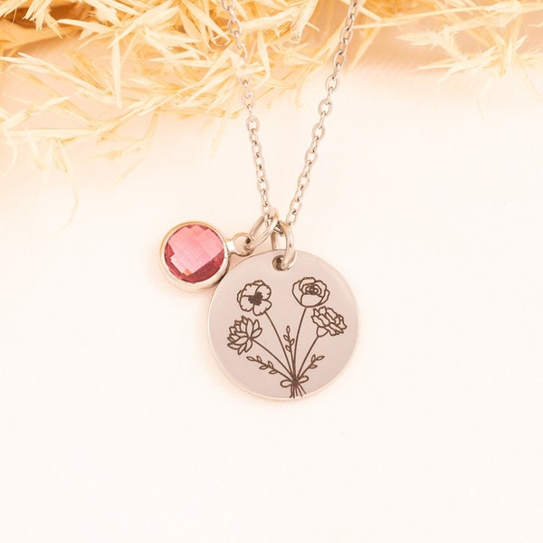 Collier bouquet de fleurs de naissance - bijoux avec pierres de naissance - collier de fleurs de naissance mois de naissance - fête des mères, cadeau d'anniversaire