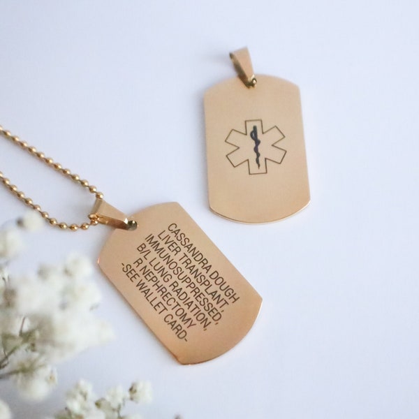 Personalized Medical Alert ID Necklace for Her or him, Custom Alert Dog Tag, Military, Gold, engraved dog tag, ICE