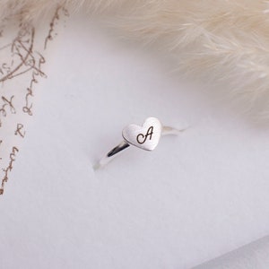 Custom Initial Heart Ring, Dainty Initial Ring, Tiny Stacking Ring, Adjustable Silver Ring, Engraved Heart Ring, Love Ring, Valentines Gifts