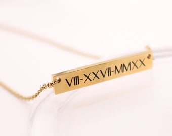 Gold Bar Necklace, Personalized Engraved, Name Bar Necklace, Monogram Necklace, Roman Numeral Necklace 18K Gold Plated