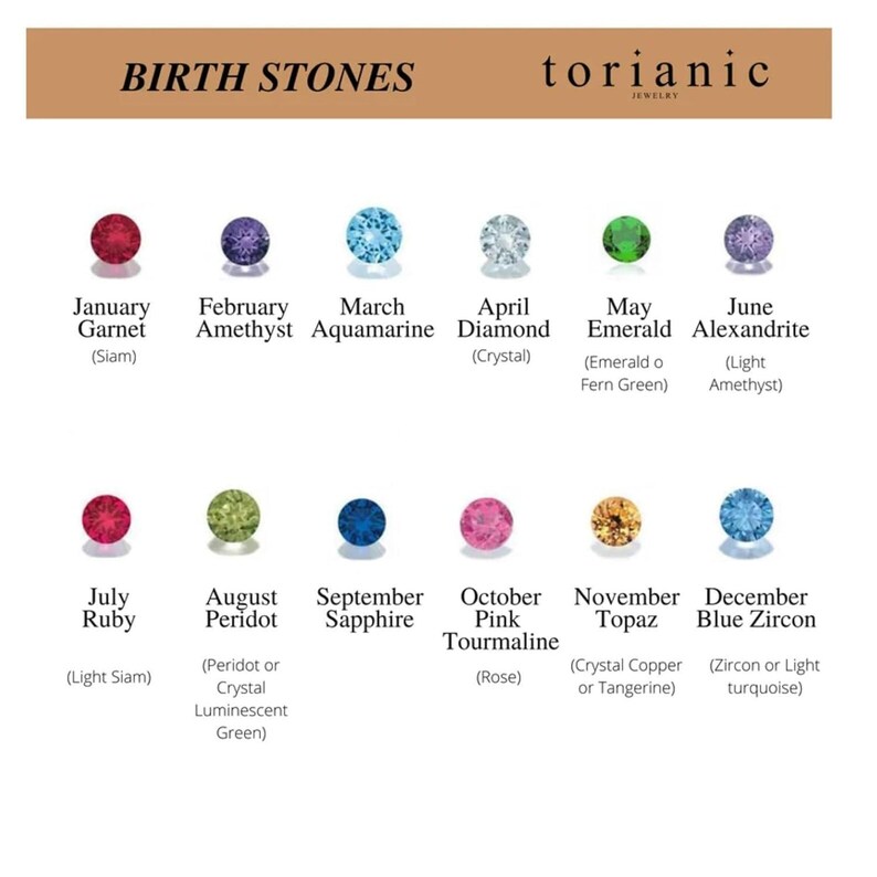 May include: A chart titled BIRTH STONES by torianic jewelry displaying twelve circular gemstones in various colors. Each stone is labeled with its corresponding month, primary name, and secondary color variant, including Garnet, Amethyst, Aquamarine, Diamond, Emerald, Alexandrite, Ruby, Peridot, Sapphire, Pink Tourmaline, Topaz, and Blue Zircon.