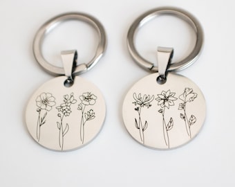 Combined Birth Flower Keychain, Mothers day Jewelry Gift, Best Friend, Mom and dad Present, Key Chains for Women and Men