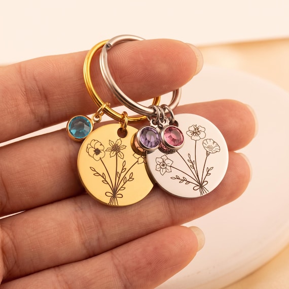 Birthstone Keychain for Mom, Personalized Birth Flower Keychain, Custom Engraved Keyring, Gift for Grandma, Multiple Birthstone, Nana Gift