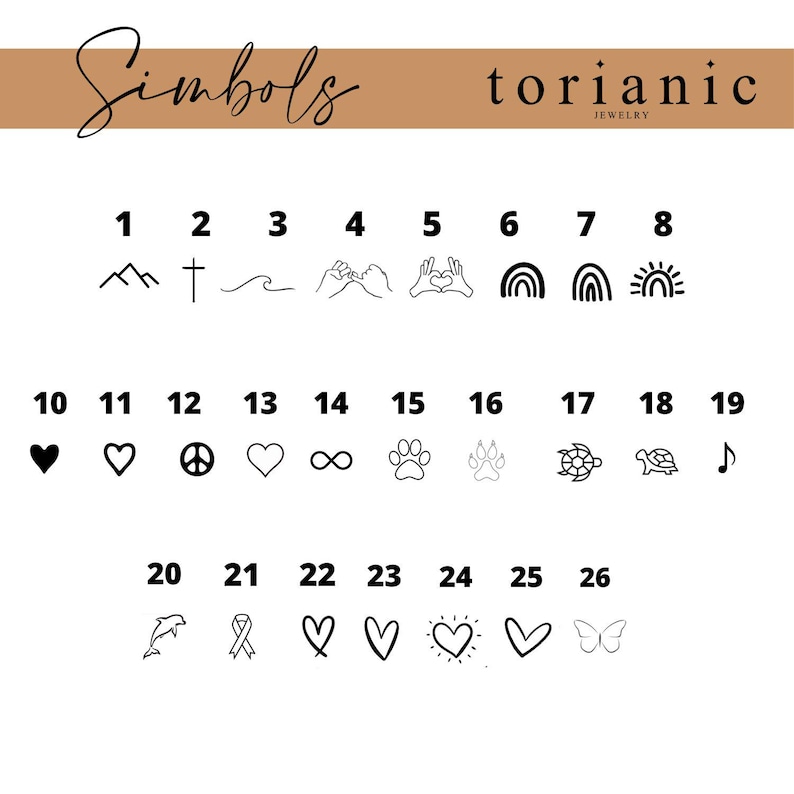 May include: A chart titled Simbols by torianic jewelry displaying twenty-six numbered black line art icons including mountains, a cross, a wave, hands, rainbows, hearts, a peace sign, infinity, paw prints, a turtle, a music note, a dolphin, and a butterfly.