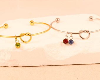 Personalized Birthstone Knot Bracelet: Gold Stainless Steel Cuff