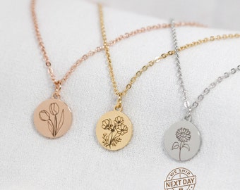 Personalized Birth Flower Necklace, Engraved Floral Pendant, Gold Plated