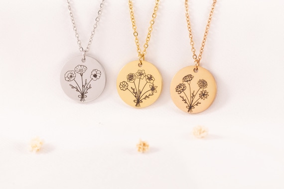 Personalized Birth Month Flower Bouquet Charm Necklace, Mothers day Jewelry Gift, Best Friend, Birthday Present, Christmas Present